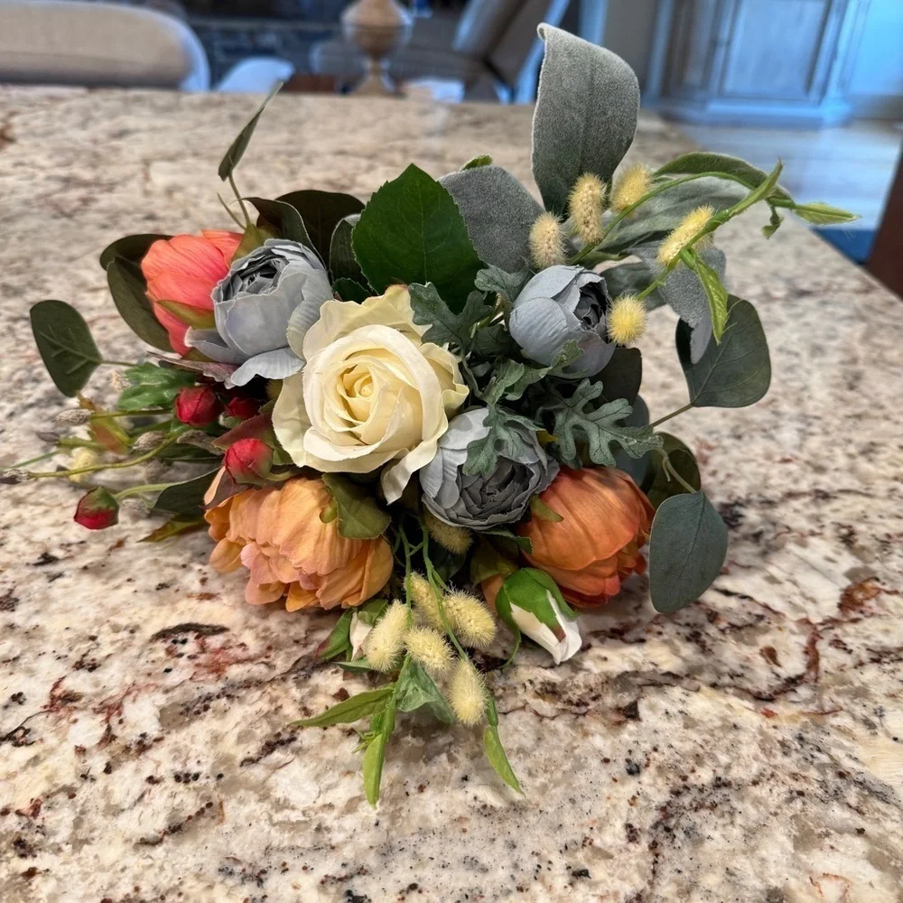 Floral bridal bouquet Arrangement Cream, blue Orange Accents wedding flowers